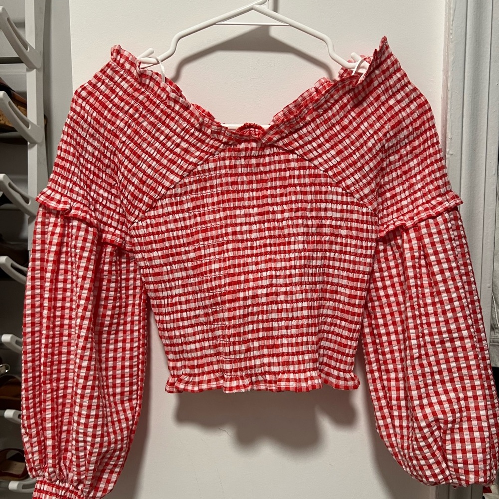 Zara Red and White Checkered Blouse